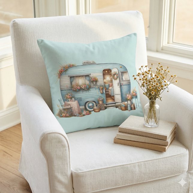 Coussin Campériste Fleurie Rétro Charme Rustique Bohème (Cottagecore Vintage Floral Camper Boho Accents Throw Pillow In White Chair)