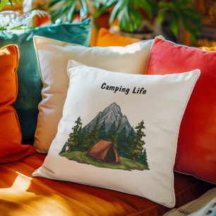 Coussin Camping Life, avec une tente dans le sac à dos en
