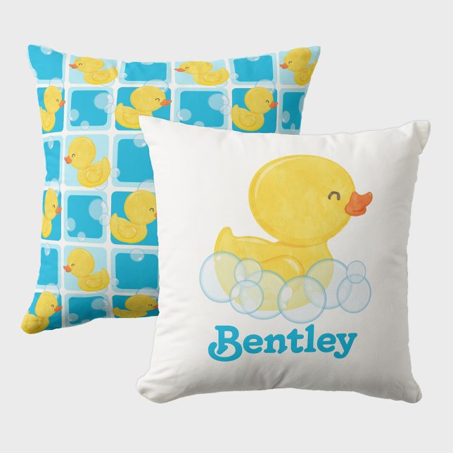 Coussin Canard en caoutchouc garçon nom personnalisé (Boy Watercolor Rubber Duck Throw Pillow Personalized with Name)
