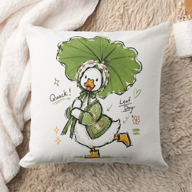 Coussin Canard mignon avec parapluie en feuille et bonnet  (Couverture)