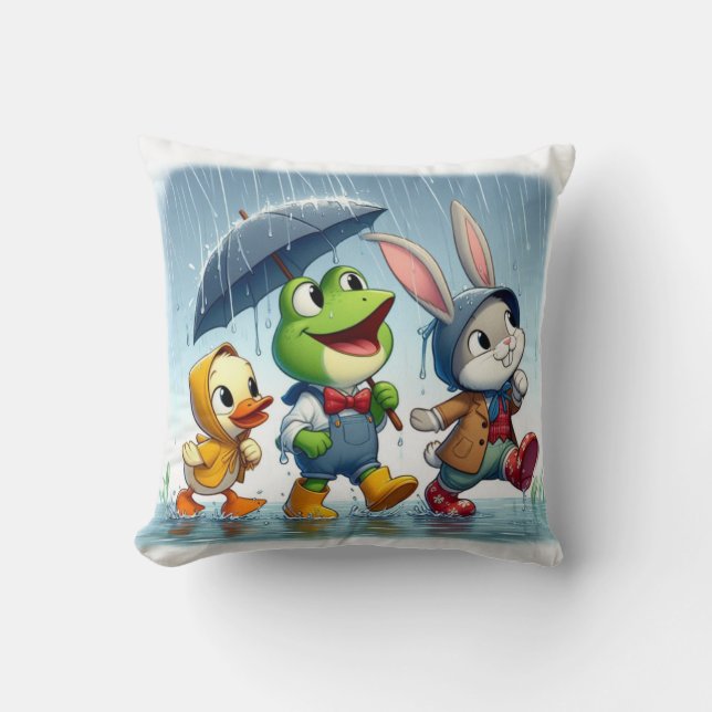 Coussin Canard mignon, grenouille, lapin sous la pluie (Recto)