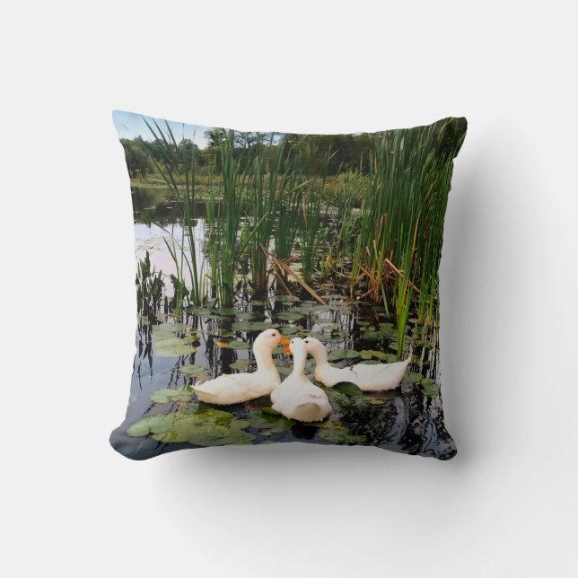 Coussin Canards blancs, caleçons, cattails, lac (Recto)
