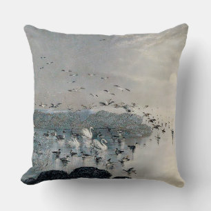 Coussin Canards, colverts et cygnes sur le lac au coucher
