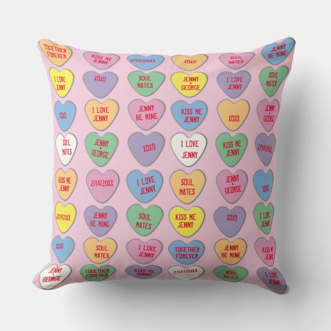Coussin Candy Hearts messages personnalisés Valentine (Recto)