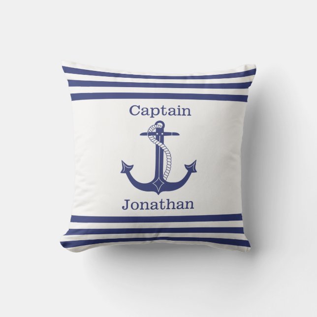 Coussin Capitaine nautique Ancre bleue Ajouter un nom (Recto)