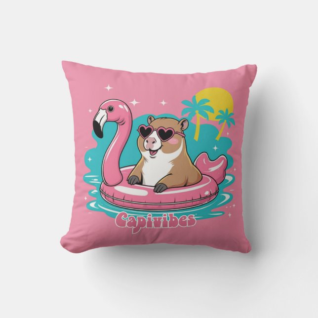 Coussin Capivara Estilosa no Verão com Boia Rosa (Recto)