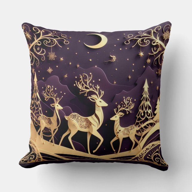 Coussin Caprice Hivernal Violet – Noël Cerf au Clair de Lu (Recto)
