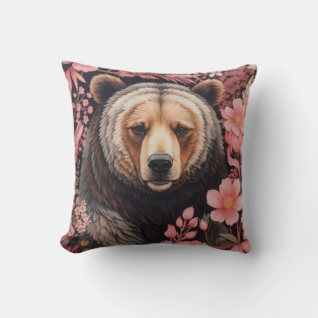 Coussin Captivant Brown Ours Gaze Fleurs roses (Recto)