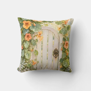 Coussin Capucine orange Portail de jardin de cottage blanc