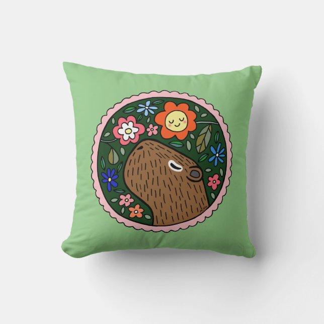 Coussin Capybara Graphic Cute capybara avec fleurs  (Recto)