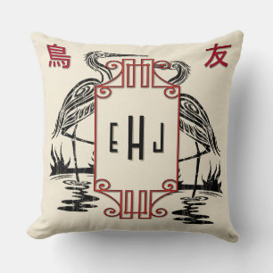 Coussin Caractère chinois Art Déco Oiseau Amis Monogrammes