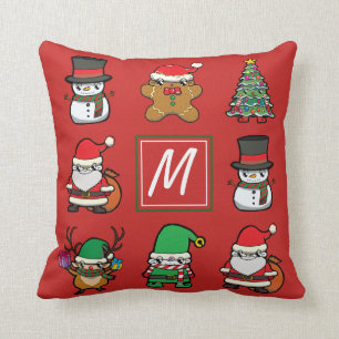 Coussin Caractères caricaturaux de Noël mignons Monogramme