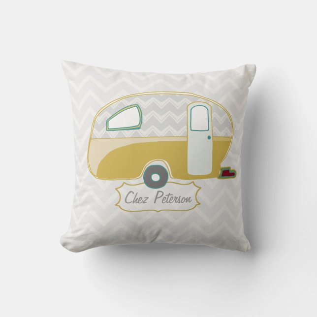Coussin Caravane Rétro Moutarde Vert et Grisé Chevron (Recto)