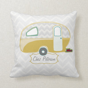 Coussin Caravane Rétro Moutarde Vert et Grisé Chevron