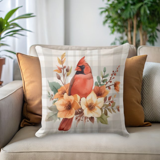 Coussin Cardinal d'aquarelle avec Fleurs d'automne et Plai (Cardinal floral and plaid throw pillow)