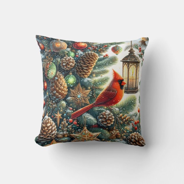 Coussin Cardinal de Noël avec pommes de pin et lanternes (Recto)