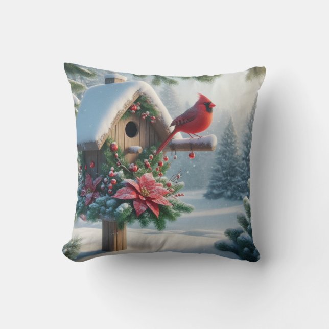 Coussin Cardinal d'hiver sur une maison d'oiseaux festive (Recto)