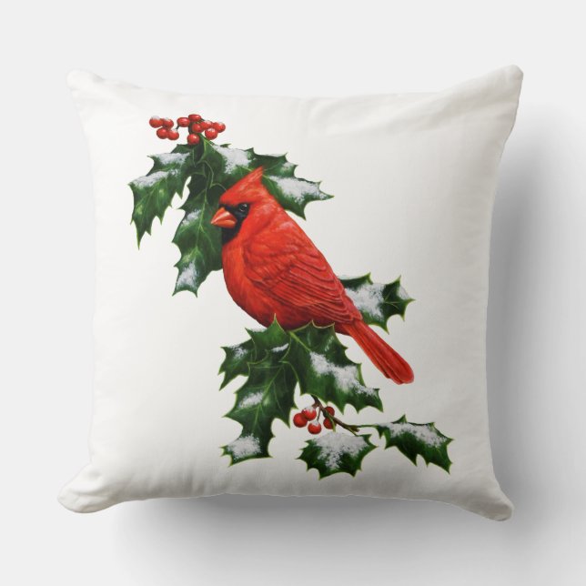Coussin Cardinal du Nord mâle et houx (Recto)