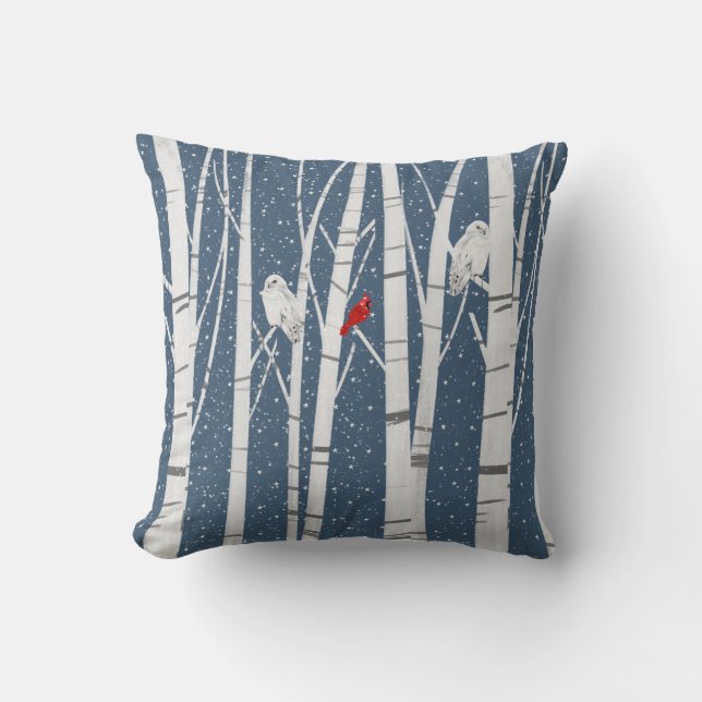 Coussin Cardinal et Chouette dans les flocons de neige (Recto)