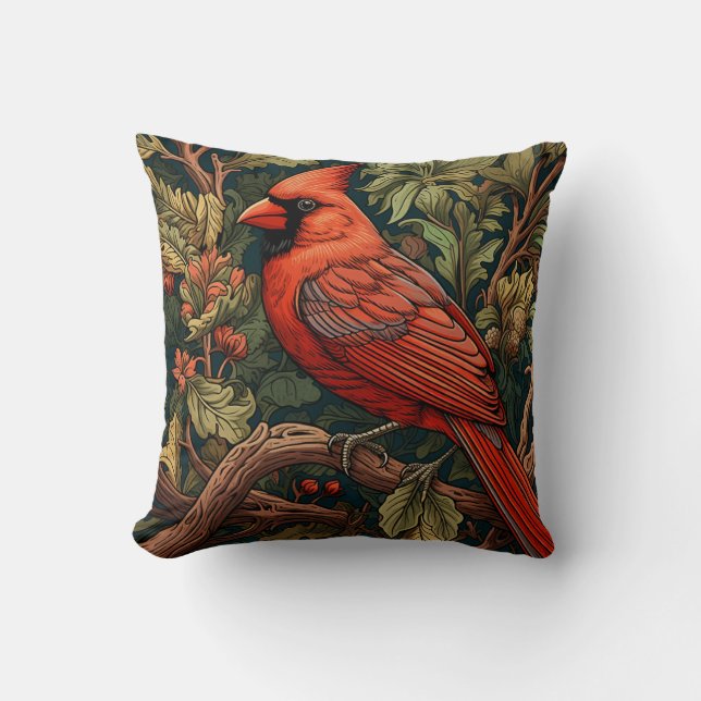 Coussin Cardinal forestier, style William Morris (Recto)