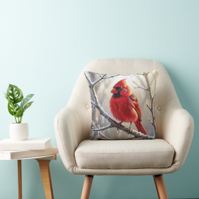 Coussin Cardinal perché sur une branche d'hiver avec des g (Chaise)