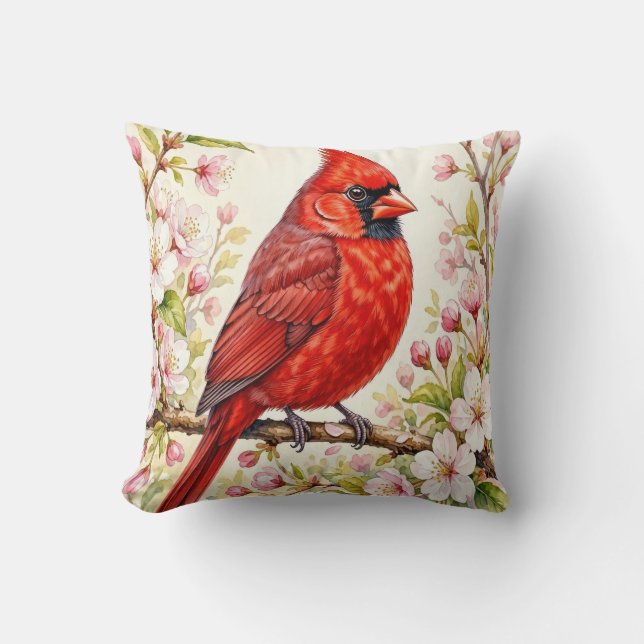 Coussin Cardinal rouge avec des fleurs (Recto)