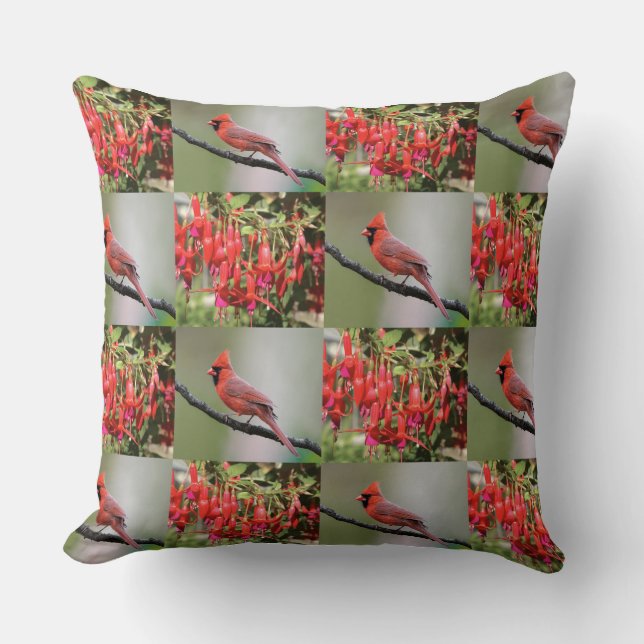 Coussin Cardinal Rouge Fantaisiste et Motif Fuchsia (Recto)