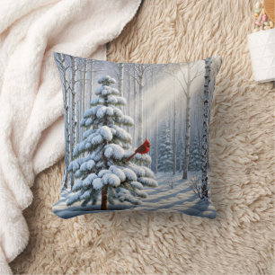 Coussin Cardinal Rouge Perché Sur Un Pin Neige