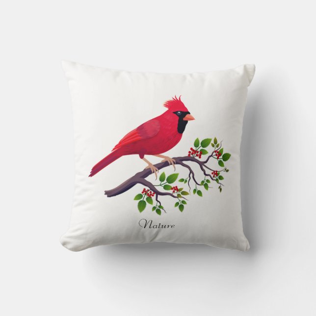 Coussin Cardinal rouge perché sur une branche d'arbre (Recto)