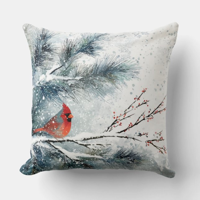 Coussin Cardinal rouge sur branche de pin enneigée (Recto)