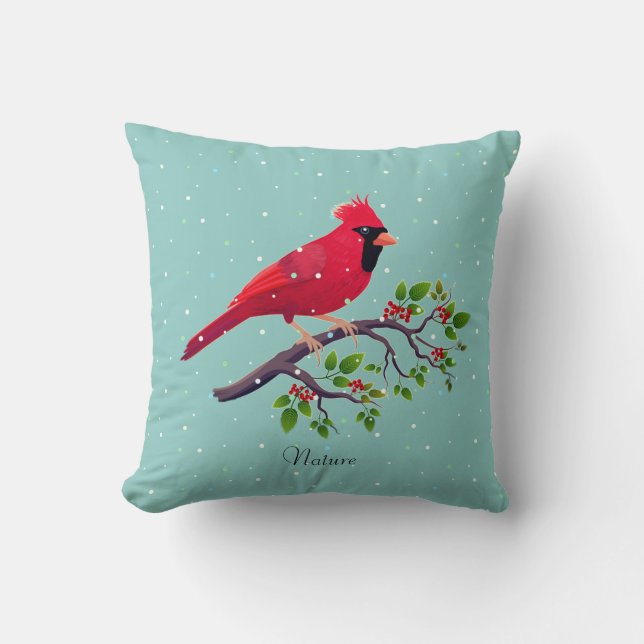 Coussin Cardinal rouge sur fond sarcelle (Recto)