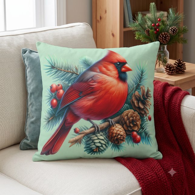 Coussin Cardinal sur une branche de pin avec des baies d'h (Cardinal on Pine Branch with Winter Berries Throw Pillow)