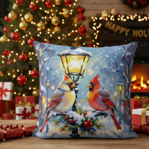 Coussin Cardinaux de Noël et Lampadaire enneigé