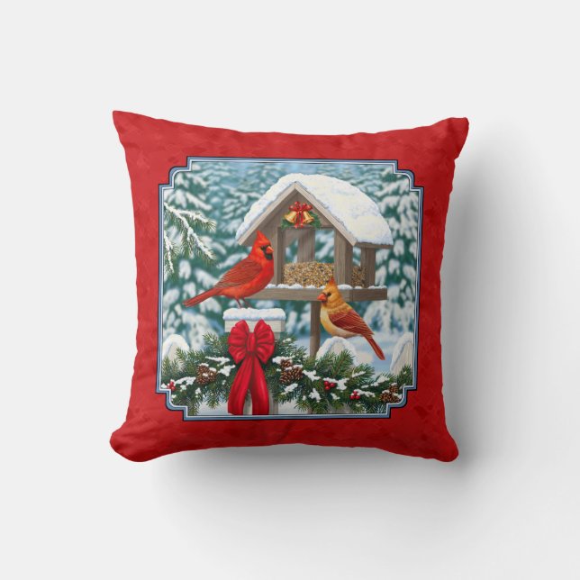 Coussin Cardinaux de Noël Mangeoire Rouge (Recto)
