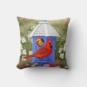 Coussin Cardinaux et maison d'oiseaux bleue