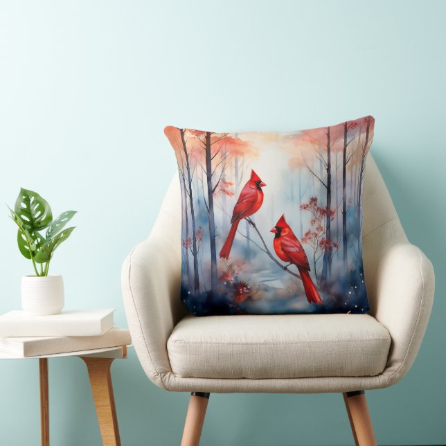 Coussin Cardinaux rouges dans une forêt brumeuse (Chaise)