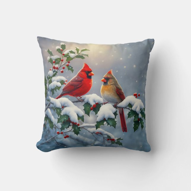Coussin Cardinaux rouges et Holly en neige (Recto)
