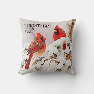Coussin Cardinaux sur Snowy Tree Branch a Winter Holiday
