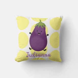 Coussin Caricature d'aubergine d'aubergine joliment heureu