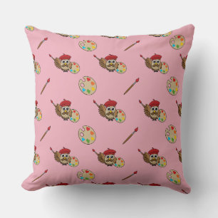 Coussin Caricature de Chouette Peintre Cute