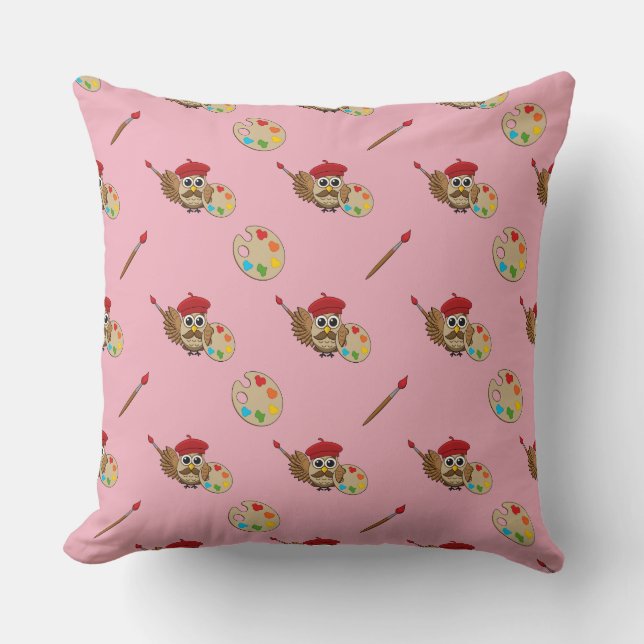 Coussin Caricature de Chouette Peintre Cute (Recto)