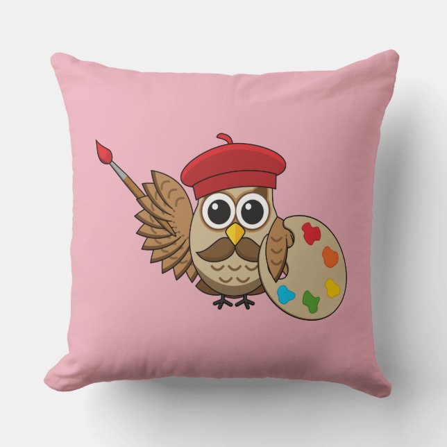 Coussin Caricature de Chouette Peintre Cute (Recto)