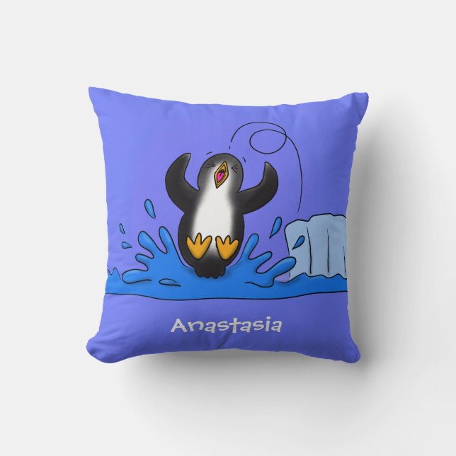 Coussin Caricature de manchot joyeux sautant (Recto)