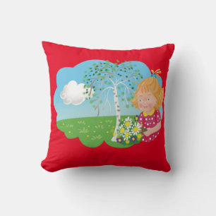 Coussin Caricature drôle fille dans la prairie et les fleu