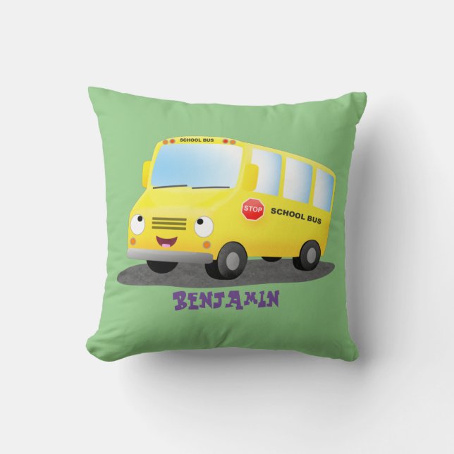 Coussin Caricature du bus scolaire jaune joyeux (Recto)