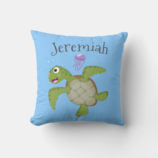 Coussin Caricature joyeuse de tortue de mer verte mignonne (Recto)