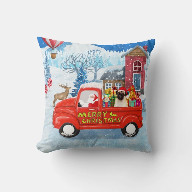 Coussin Carlin Chien Livraison de Noël Camion Neige (Recto)
