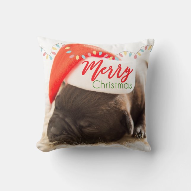 Coussin Carlin de Noël à Santa Hat avec lumières de Noël (Recto)