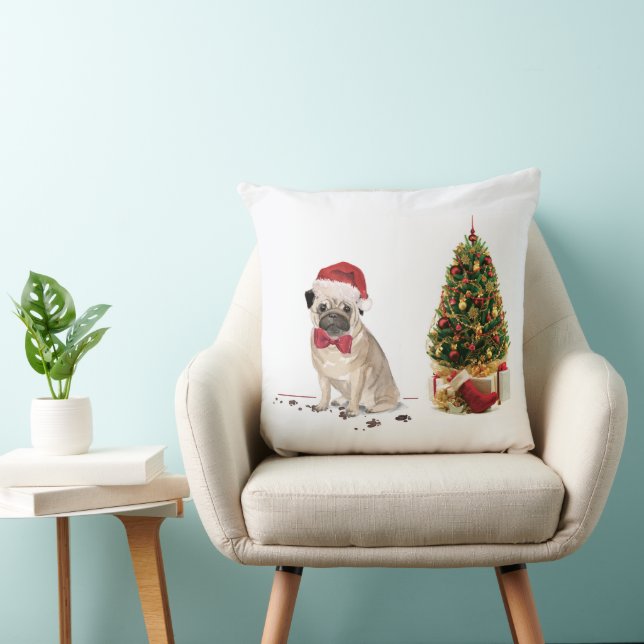 Coussin Carlin drôle Chien de Noël avec arbre (Chaise)