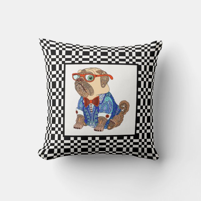 Coussin Carlin Hipster mignon sur tableau de bord B&W (Recto)
